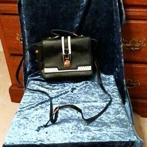 Cato convertible crossbody/clutch bag, black/white w/gold hardware